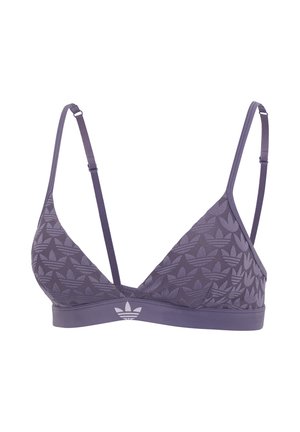 Lila Bralette mit verstellbaren dünnen Trägern, Adidas Trefoil-Logo-Muster auf den Cups und weißem Logo, das zentral auf dem Bund platziert ist.
