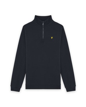 Pullover blu navy a maniche lunghe con collo con zip a quarto e piccolo logo di un uccellino giallo sul petto sinistro.
