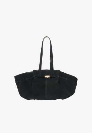 Fekete textilbőr bevonatú bevásárlótáska hosszú bőr fogantyúkkal, strukturált, téglalap alakú alappal és egy kis arany kapoccsal az elején.