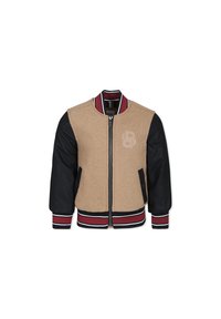 Giacca bomber in misto lana marrone chiaro con maniche in pelle nera, colletto a coste con strisce rosse e bianche, zip frontale e dettaglio del logo.