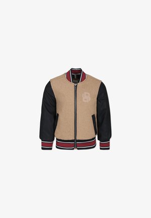 Giacca bomber in misto lana marrone chiaro con maniche in pelle nera, colletto a coste con strisce rosse e bianche, zip frontale e dettaglio del logo.