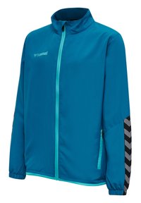 Jacket atlética azul hecha de tejido suave, con cierre frontal de cremallera, cuello alzado y acentos en patrón de chevrón negro en las mangas.