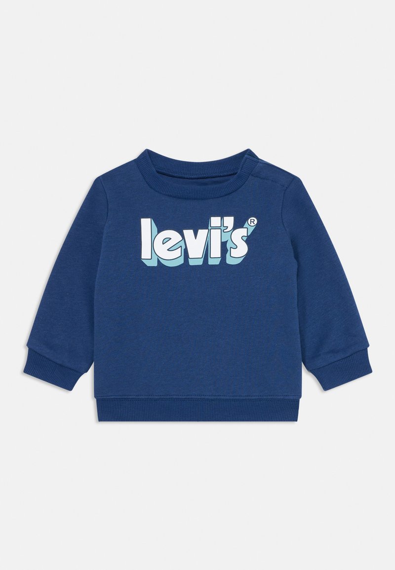 Sweatshirt in cotone blu con maniche lunghe, scollo a costine e un grande logo "levi's" blu chiaro sulla parte anteriore.