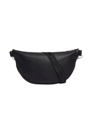 Schwarze Leder-Umhängetasche mit strukturiertem Finish, geschwungener Form und verstellbarem Tragriemen. Verfügt über einen Reißverschluss und ein Logo-Detail.