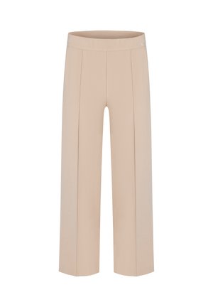 Beige Hosen mit weitem Bein, einem flachen Bund, zwei vorderen Falten und glatter Textur, entworfen für Komfort und Bewegungsfreiheit.