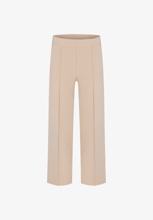 Beige Hosen mit weitem Bein, einem flachen Bund, zwei vorderen Falten und glatter Textur, entworfen für Komfort und Bewegungsfreiheit.