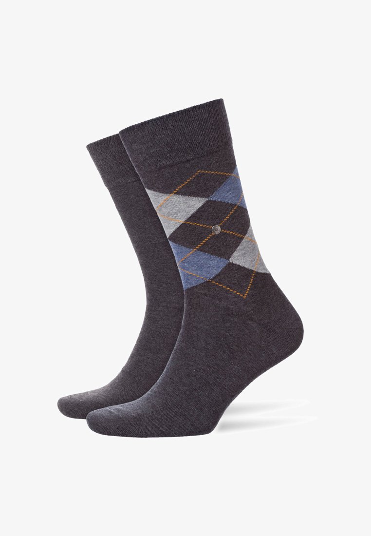 Calzini grigio carbone con un motivo argyle in blu, grigio e arancione, con polsini a coste e sezioni rinforzate sulla punta e sul tallone.