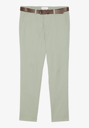 Light green cotton trousers with a brown leather belt. Features include two side pockets and a straight-leg cut. Simple, clean design.