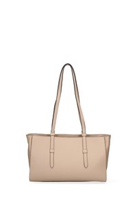 Borsa tote in pelle beige con due lunghe tracolle, forma rettangolare e superficie testurizzata. Nessun hardware o embellimenti visibili.