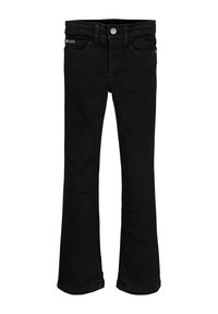 Schwarze Jeans mit Mädchenschnitt im Flared-Style, klassischem Fünf-Taschen-Design, Metallknopfverschluss und dezentem Markenlabel auf der vorderen Tasche.