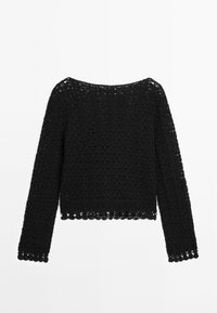 Schwarzer gehäkelter Pullover mit langen Ärmeln, weitem Ausschnitt und gewelltem Saum. Verfügt über ein offenes, strukturiertes Muster im gesamten Stoff.