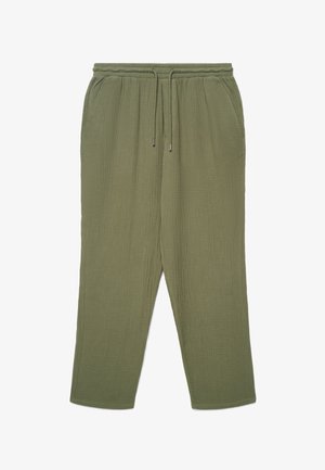 Pantaloni in tessuto verde oliva con texture, vita elasticizzata e coulisse, con tasche laterali e gambe dritte.