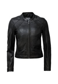 Giubbotto di pelle nera con zip frontale, maniche lunghe e colletto corto aderente su uno sfondo bianco semplice.