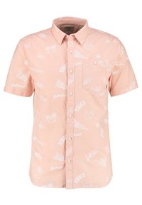 Kurzärmeliges Hemd mit Knopfleiste aus weichem Pfirsich-Stoff, mit weißen grafischen Mustern, einschließlich Logos und Symbolen, und einer einzelnen Brusttasche.