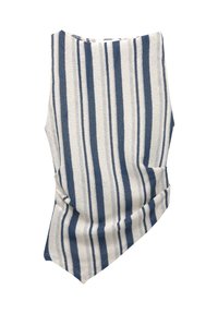 Abbigliamento in misto cotone color crema con righe verticali blu navy; presenta un design drappeggiato e un orlo asimmetrico per un'aggiunta di texture e forma.