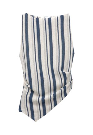 Katoenen blend kledingstuk in crème met marineblauwe verticale strepen; beschikt over een gedrapeerd ontwerp en een asymmetrische zoom voor extra textuur en vorm.