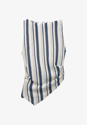 Vaatteet, jotka on valmistettu puuvillasekoitteesta kreeminvärisenä ja joissa on tummansiniset pystyraidat; sisältää drapeeratun muotoilun ja epäsymmetrisen helman lisätekstuurin ja muodon aikaansaamiseksi.