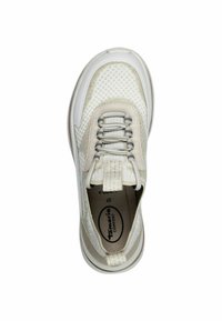 Sneaker grigio chiaro con tomaia in rete, lacci elastici e colletto imbottito, dotata di suola in gomma bianca e design a forma di mandorla.