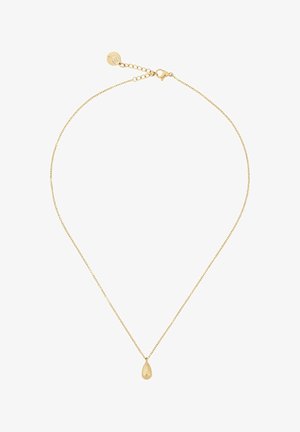 Collana tono oro con una delicata catena e un pendente a goccia. Presenta un gancio a molla e una lunghezza regolabile con catena di estensione.