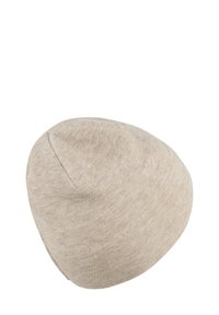 Beige knit beanie with a smooth texture, rounded crown, and subtle ribbed pattern, designed for warmth and comfort.