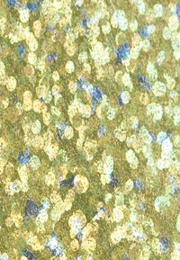 Glitzerndes Material mit einem grünlich-goldenen Untergrund, das verschiedene Größen von schimmernden goldenen, blauen und irisierenden Partikeln aufweist.