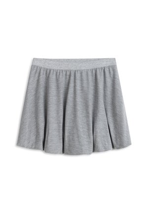Gray flared skirt made of soft fabric, featuring a ribbed elastic waistband and smooth hem, designed for a comfortable fit.