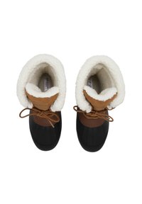 Černé gumové boty s hnědými semišovými detaily a krémovou kožušinovou podšívkou. Šňůrky jsou zavázané vpředu, s texturovaným povrchem pro větší odolnost.