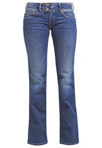 Blå denimjeans med lätt blekning, två framfickor, bältesöglor och dubbelknäppning i midjan, rak benpassform.