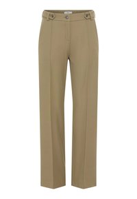 Pantaloni beige a gamba dritta con una texture liscia, caratterizzati da due bottoni decorativi e tasche frontali, progettati per una vestibilità su misura.