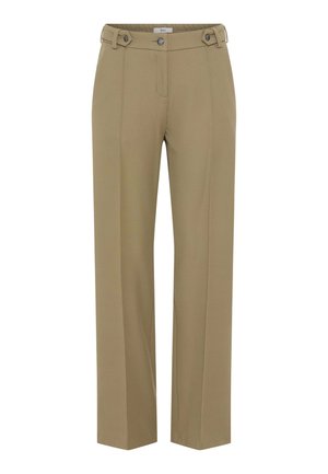 Beige, gerade geschnittene Hose mit glatter Textur, ausgestattet mit zwei Knopfakzenten und vorderen Taschen, für eine maßgeschneiderte Passform entworfen.