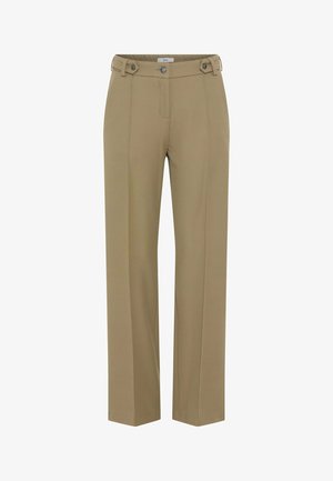 Beige, gerade geschnittene Hose mit glatter Textur, ausgestattet mit zwei Knopfakzenten und vorderen Taschen, für eine maßgeschneiderte Passform entworfen.