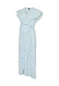 Svetlo modra obleka s povojem, izdelana iz mehkega materiala, z oblazinjeni rokavi, pasom za zavezovanje in plastenim krilom z diskretnim cvetličnim vzorcem.