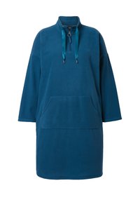 Fleece pulloverkjole i dyb teal, med højt krave, halvlukning, frontlomme og båndtræk. Blødt struktureret stof.