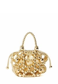 Borsa d'oro con cima arricciata, ricoperta di perline tonde. Texture liscia e manico di perline, con chiusura a coulisse su un lato.