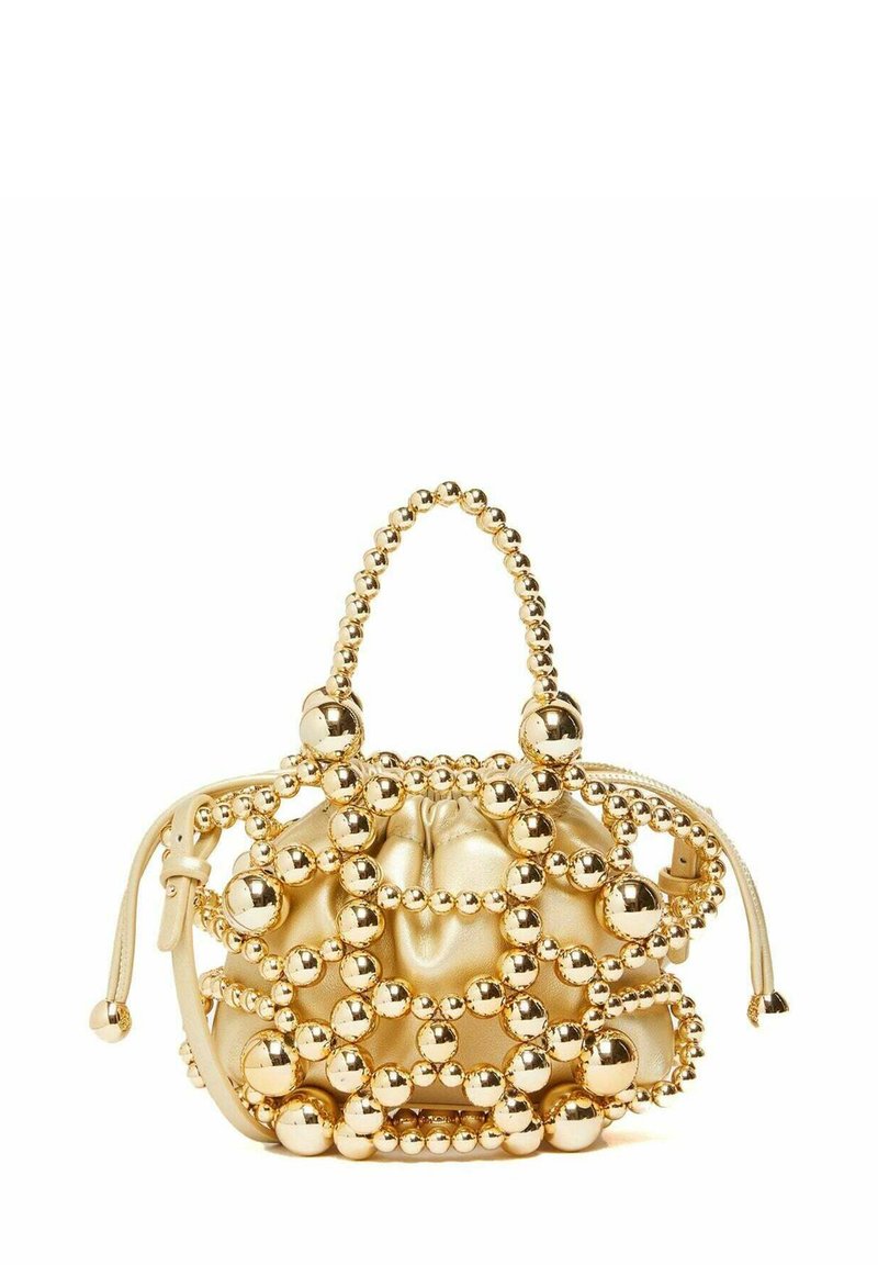 Borsa d'oro con cima arricciata, ricoperta di perline tonde. Texture liscia e manico di perline, con chiusura a coulisse su un lato.