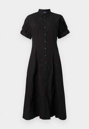 Schwarzes, kurzärmeliges, knopfbetontes Midikleid mit Kragen und umgeschlagenen Säumen, tailliert und zum Saum hin ausgestellt.