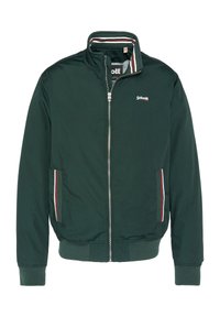 Grüne Bomberjacke mit durchgehendem Reißverschluss, gerippten Bündchen und Saum, sowie gestreiften Akzenten am Kragen und an den Taschen. Schott-Logo auf der Brust.