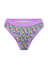 Slip en coton violet avec un imprimé de fruits verts et jaunes, comprenant des citrons, des limes et des fleurs. Ceinture élastique avec détail du logo.