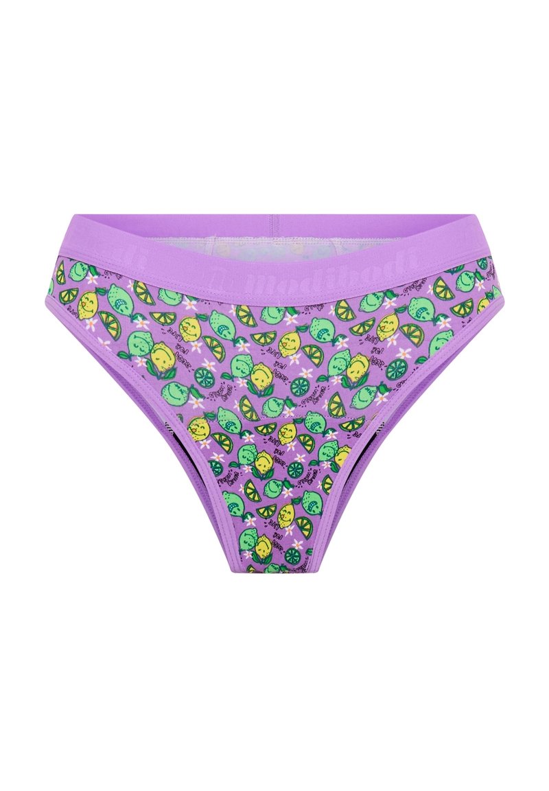Slip en coton violet avec un imprimé de fruits verts et jaunes, comprenant des citrons, des limes et des fleurs. Ceinture élastique avec détail du logo.