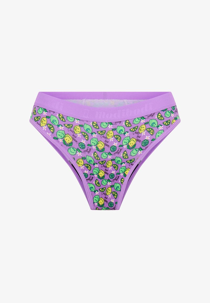 Slip en coton violet avec un imprimé de fruits verts et jaunes, comprenant des citrons, des limes et des fleurs. Ceinture élastique avec détail du logo.