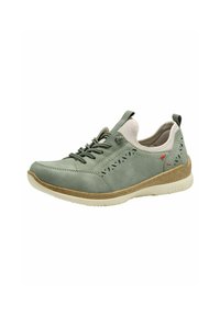 Chaussure en cuir vert avec une finition texturée, ornée de perforations, d'un col rembourré et d'une semelle en caoutchouc blanc avec un accent marron.