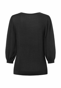 Schwarzer Strickpullover mit langen, puffigen Ärmeln und einem runden Halsausschnitt. Verfügt über eine strukturierte Oberfläche sowie gerippte Bündchen und einen gerippten Saum.