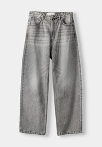 Breda byxor i blekt grå denim med fem fickor, bältesloophål och dragkedja med knappstängning. Strukturerad yta.