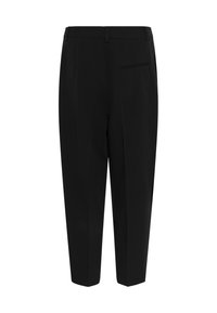 Pantaloni negri croiți, cu un design elegant, având un front plat, două buzunare laterale și un singur buzunar în spate. Confecționați dintr-un material neted.