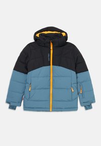 Doppellagige Jacke mit schwarzem Oberteil und hellblauen Unterteilen, ausgestattet mit einem orangefarbenen Reißverschluss, Kapuze und Reißverschlusstaschen. Entwickelt für Wärme.