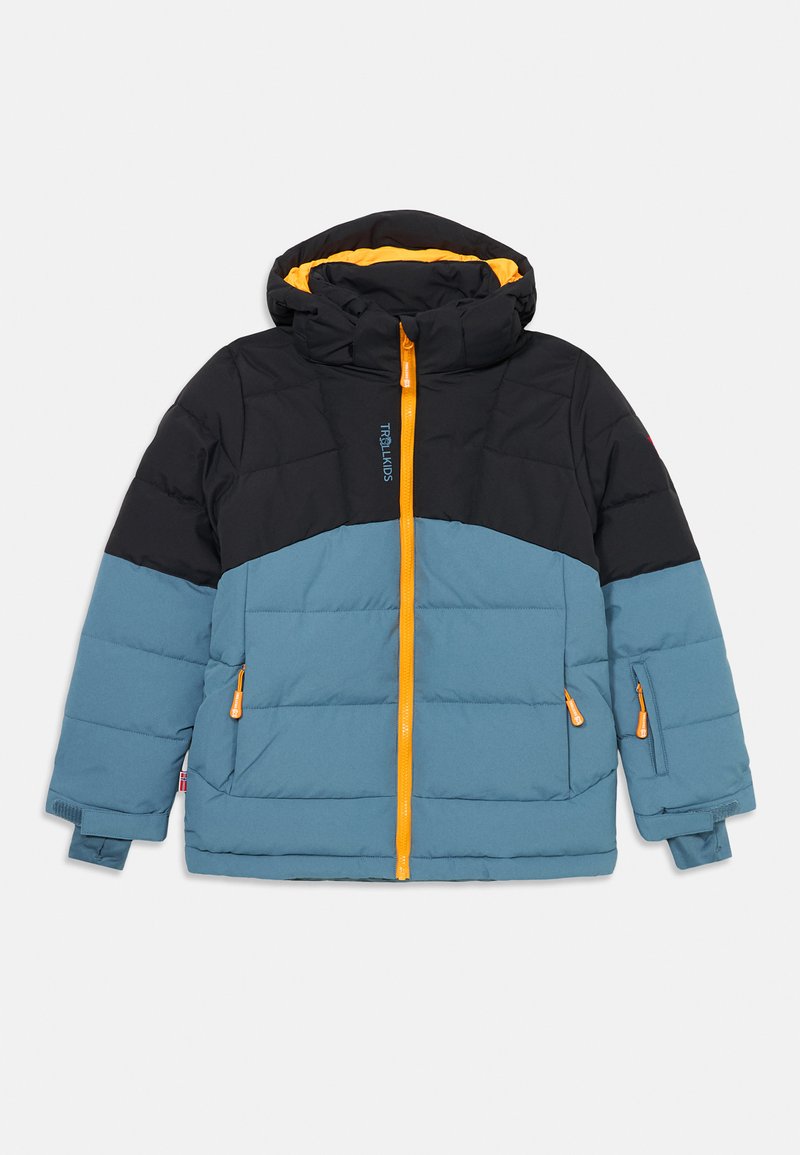Doppellagige Jacke mit schwarzem Oberteil und hellblauen Unterteilen, ausgestattet mit einem orangefarbenen Reißverschluss, Kapuze und Reißverschlusstaschen. Entwickelt für Wärme.