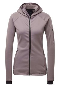 Chaqueta softshell ajustada con capucha en color púrpura claro, con cremallera frontal, tejido texturizado y bolsillos laterales con cremallera. Incluye puños elásticos.
