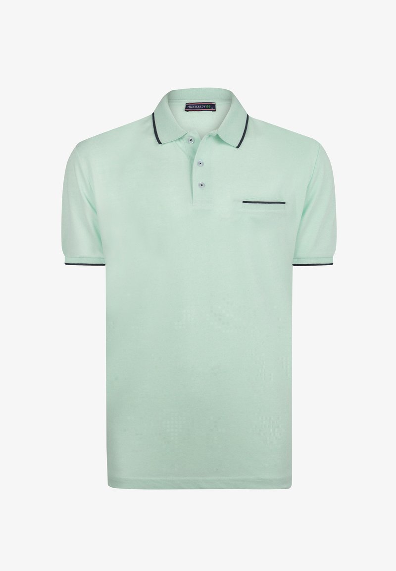 Jasnozielona koszulka polo z kołnierzykiem, zapięciem na trzy guziki oraz ciemnym wykończeniem rękawów i kieszeni. Miękka struktura i casualowy design.