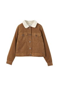Giacca in corduroy marrone con colletto in sherpa bianco, chiusura a bottoni e tasche sul petto con bottone, esposta su uno sfondo bianco.