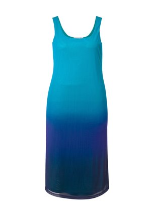 Ærmeløs kjole i gradient fra teal til dyb lilla. Glat, let stof med rund halsudskæring og lige søm, hvilket giver en flydende silhuet.